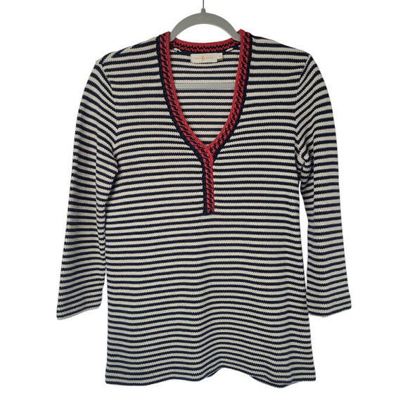 Tory Burch Sweater Women's Small Striped V-neck Pullover 3/4 Sleeve Cotton - Picture 1 of 7